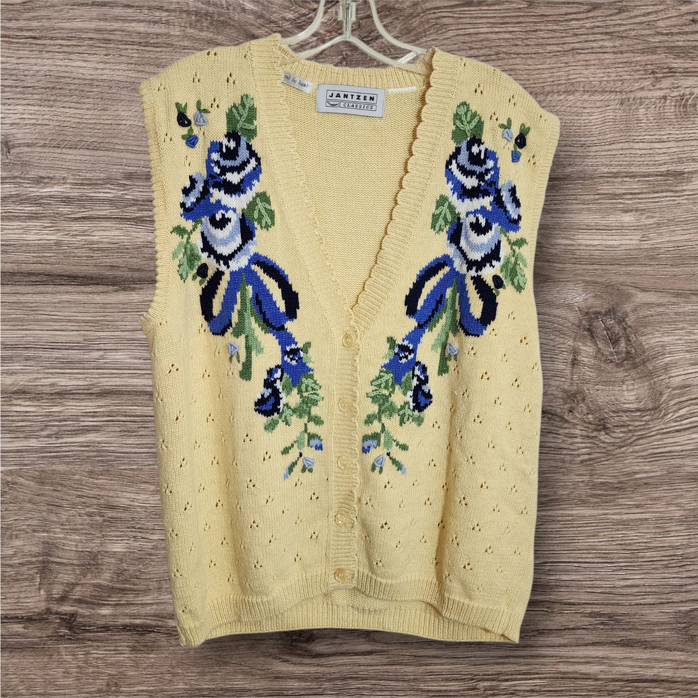 Vintage open knit hand embroidered floral‎ button front vneck sweater vest sz L
